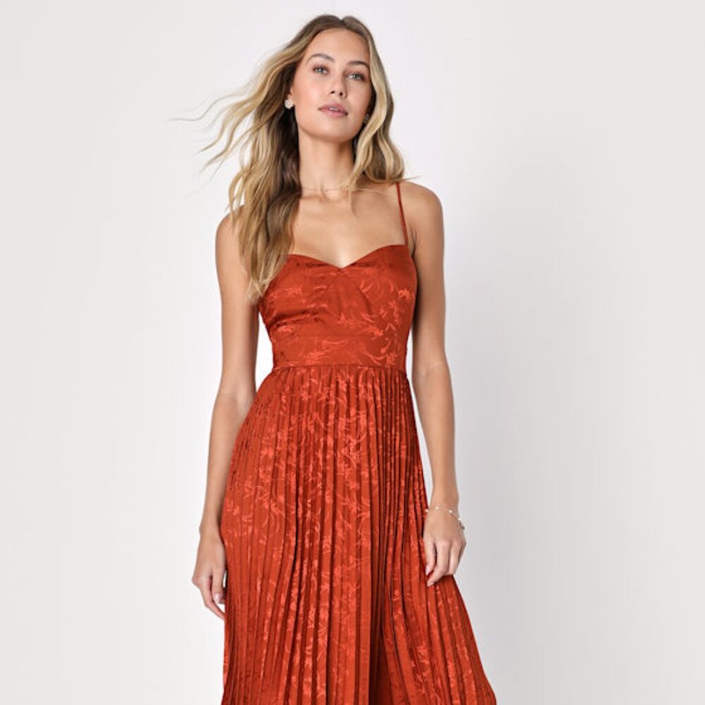 Lulus Regal Romance Rust Floral Jacquard Pleated Satin Midi Dress Orange